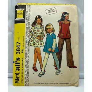 McCall's Sewing Pattern 3847 Girls Dress Top and Pants Size 8 Vintage 1973